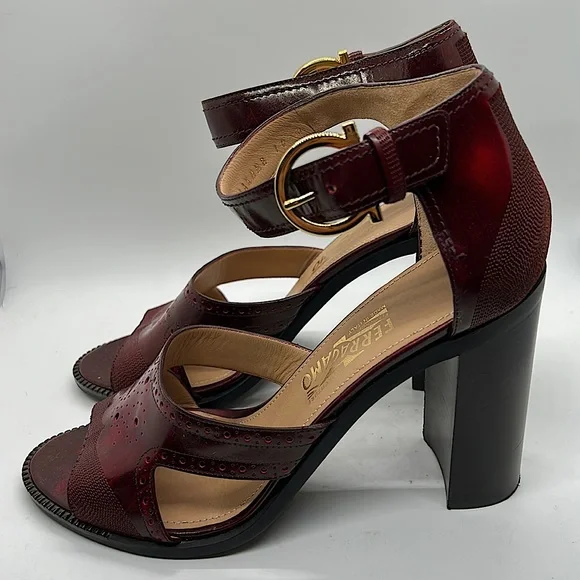 Salvatore Ferragamo Cherry Leather Nuala Block Heel Sandals Shoes **Sz 10**π₯π₯ - Picture 7 of 11